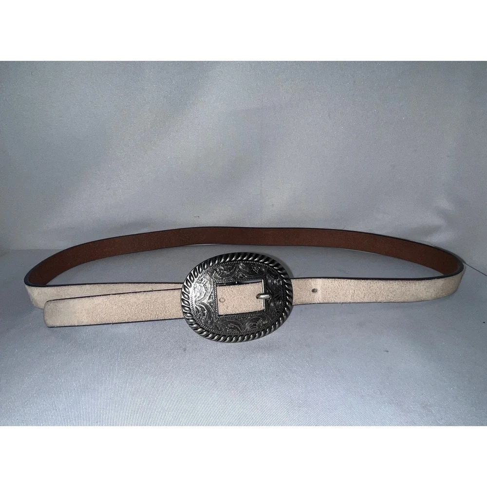 Lucky Brand Womens Suede Western Belt Beige Silver Engraved Buckle Sz M Medium‎